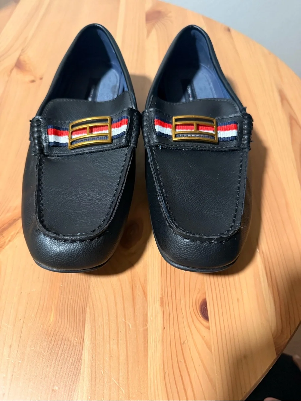 Tommy Hilfiger Black Faux Le Loafers with Red-White-Blue Ribbon and Gold Buckle